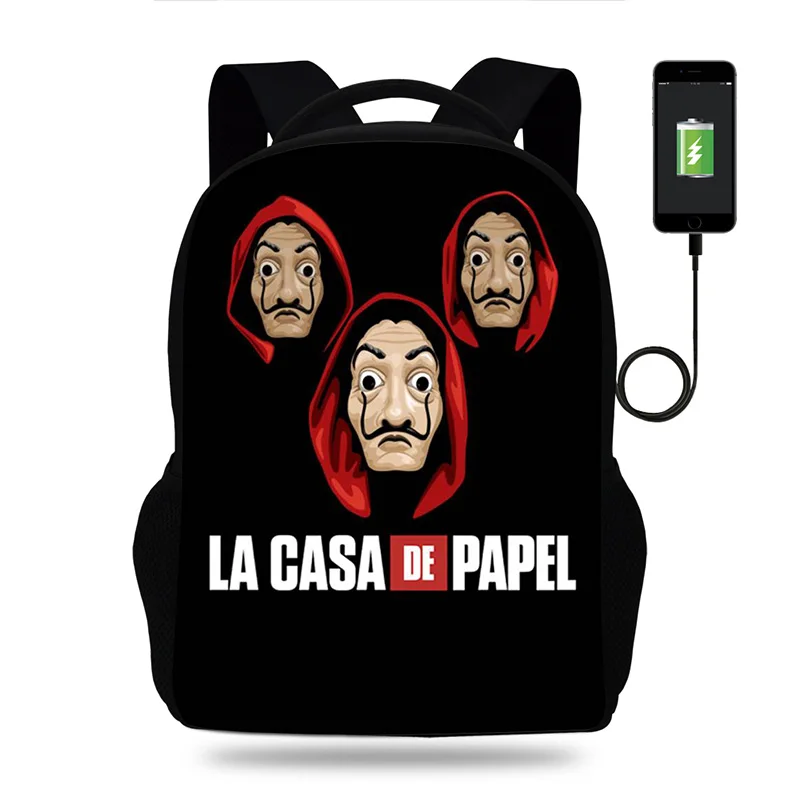 17 дюймов La Casa De Papel tv мужской рюкзак для колледжа usb зарядное устройство школьный