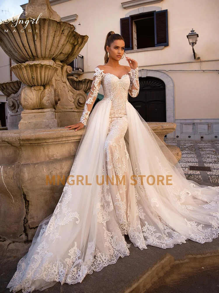 

MNGRL One-shoulder Long Sleeve White Lace Mermaid 3D Flower Backless Wedding Dress Plus Size Tail Bridal Dresses