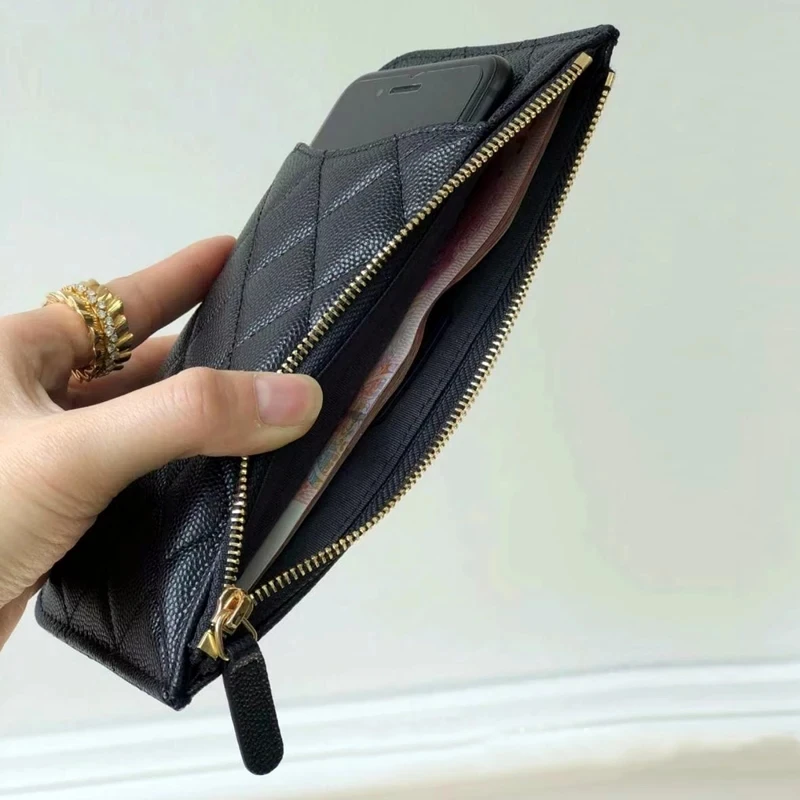 

High Quality caviar Genuine Leather Women Luxury Brand Design zipper multi-function card package purse women's Slim wallet