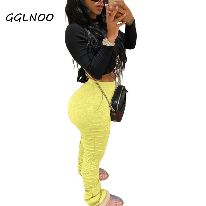

Stylish Basic Skinny High Waist Flare Bell Bottom Ruched Stack Trousers Draped Jogger Sweatpants Pants GG22808