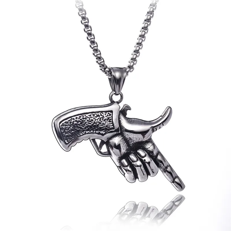 

European Fashion Punk Finger Gun Charm Pendant Stainless Steel Necklace Chain For Girl Boy Unisex Jewelry Gift