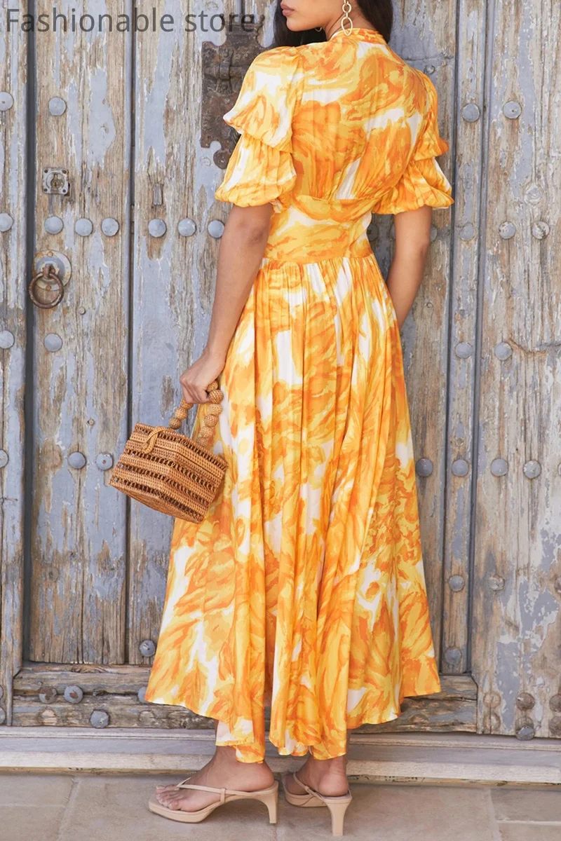 

Women V-Neck Print Short Sleeve Midi Dress