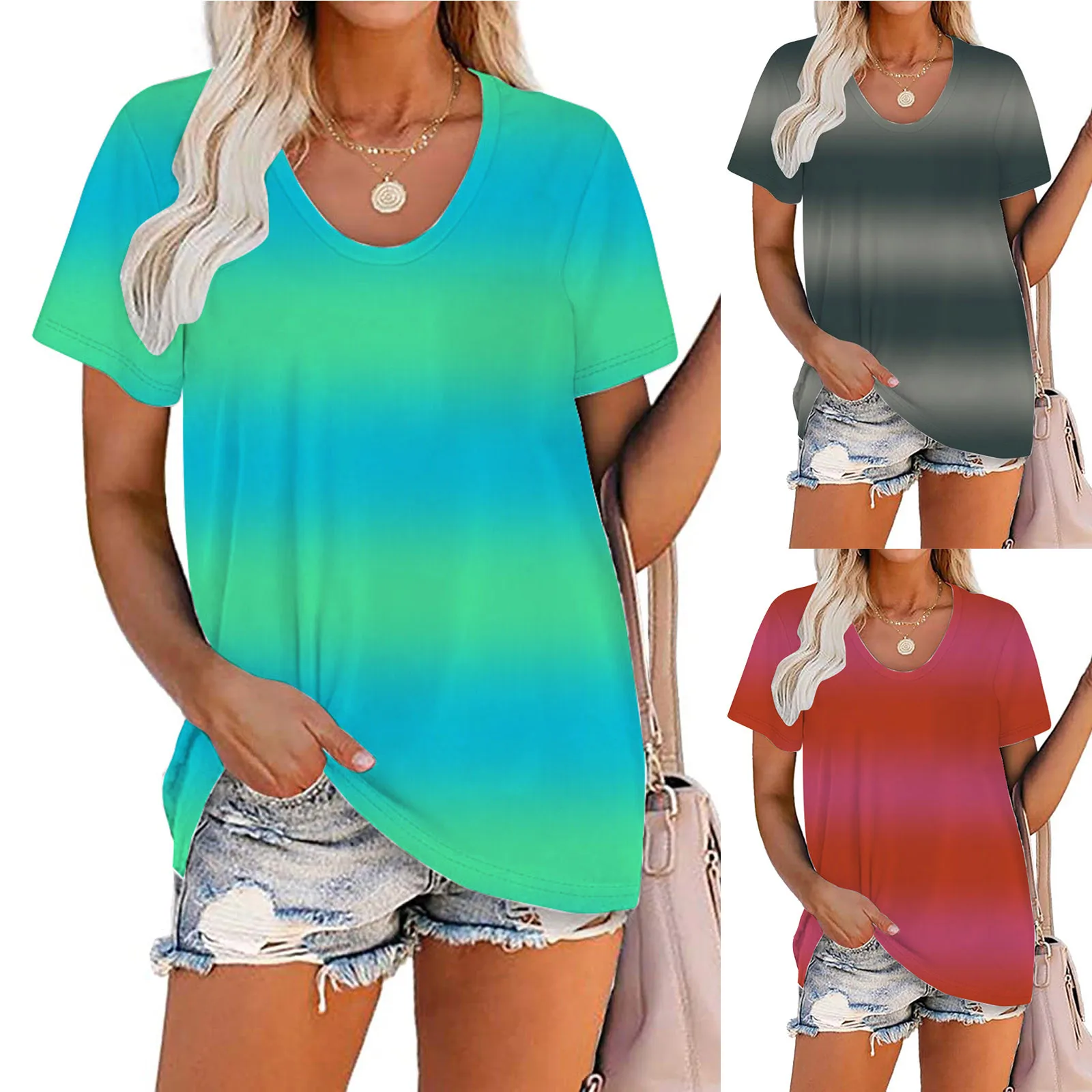 

Fashion Women Plus Size Gradient Shirts Tops Short Sleeve Casual Loose Summer Casual T-Shirt Tee Blouse For Women Tank Tops