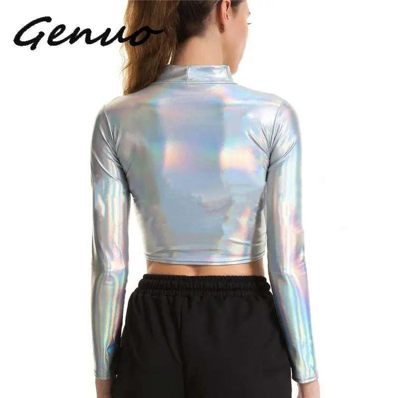 Женский укороченный Топ с длинным рукавом жидкий металлик водолазка в стиле панк