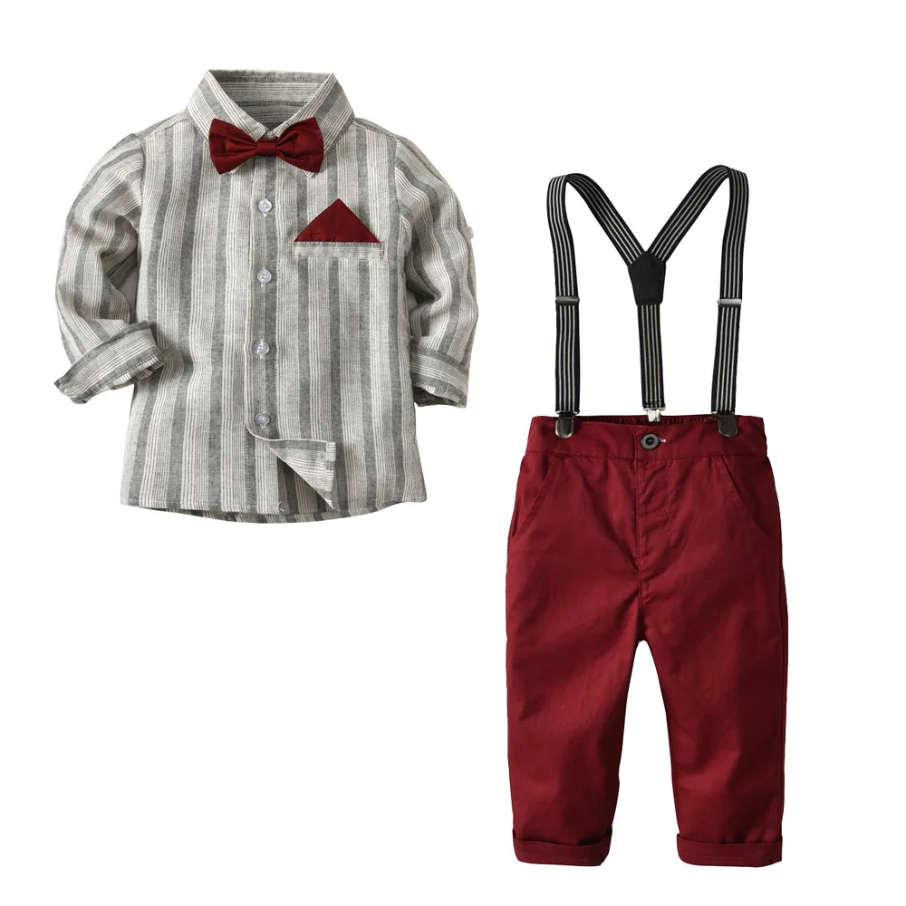 

Baby Boys Gentleman Suits for Wedding Pure Cotton Children Clothing Kids Boys Striped Shirt and Belt Pants Set New Year Clothes