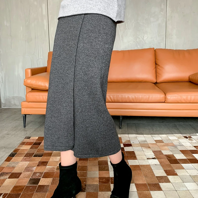 CBF 2020 Latest style Women's Knitted Pure wool Skirt Checker color Fork opening Soft and high quality Tight fitting skirt | Женская