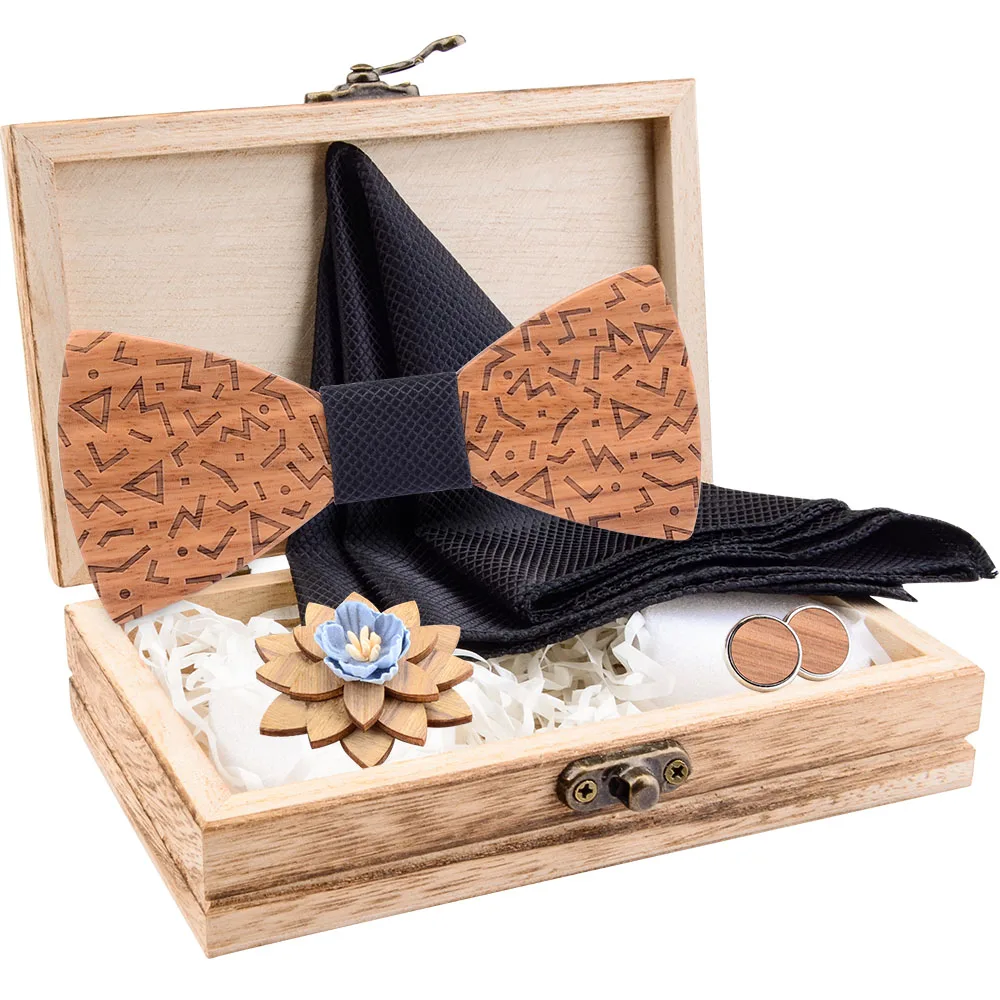 Мужской однотонный деревянный галстук бабочка набор из дерева платок запонки