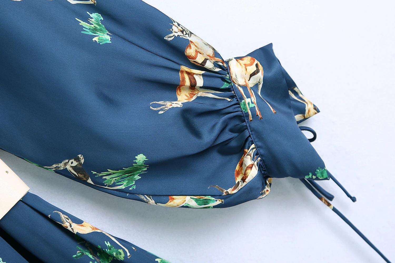 

Blue Animal Print Satin Dress Turn-Over Collar Shirt Mid Long Dress for Women with Waist Belt and Long Sleeve Cuff Front Button