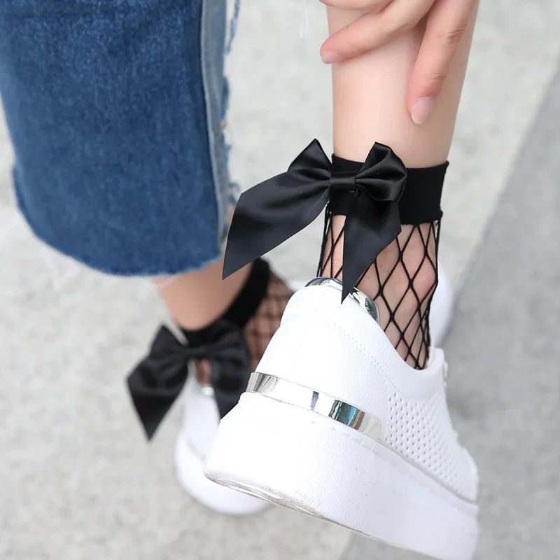 Женские ажурные носки до щиколотки короткие с рюшами и бантом сетчатые кружевные