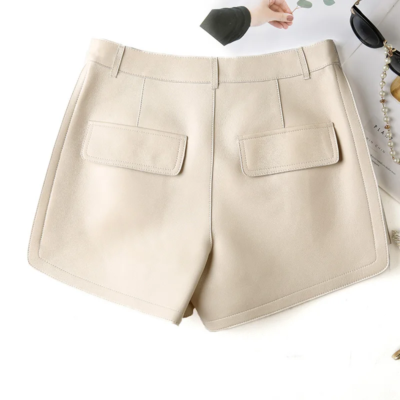 Korean style Women High quality Genuine Autumn high-rise leather wide-leg shorts C747