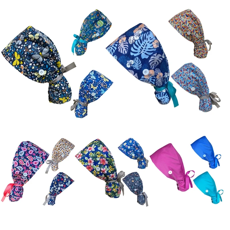 

3Pcs Ponytail Long Hair Working Cap with Button Sweatband Floral Tie Back Hat