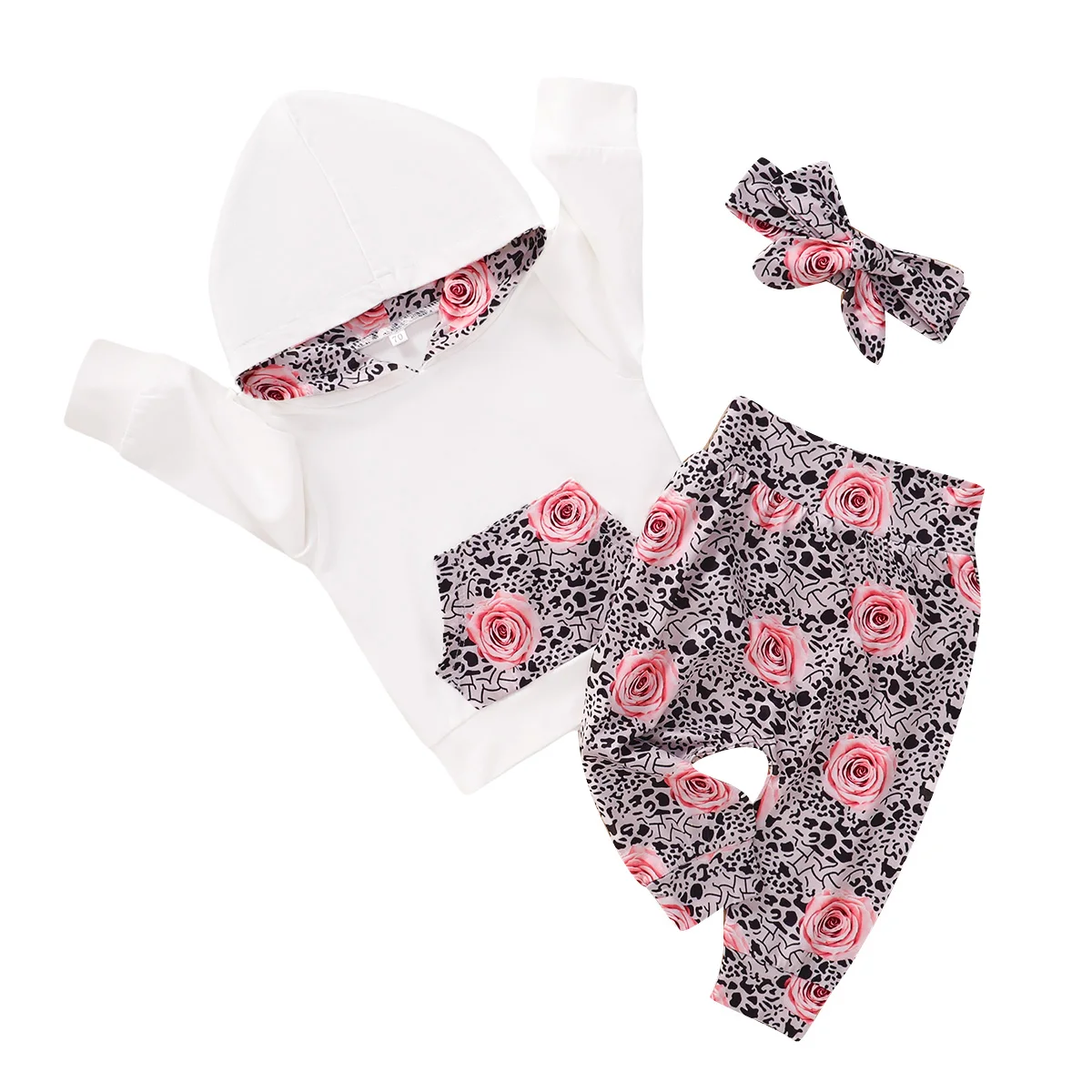 

Infant Kids Baby Girl Hooded Sweater + Printed Trousers + Bow Headband, Sweet Style Big Pocket Spring Autumn Clothing Outfit