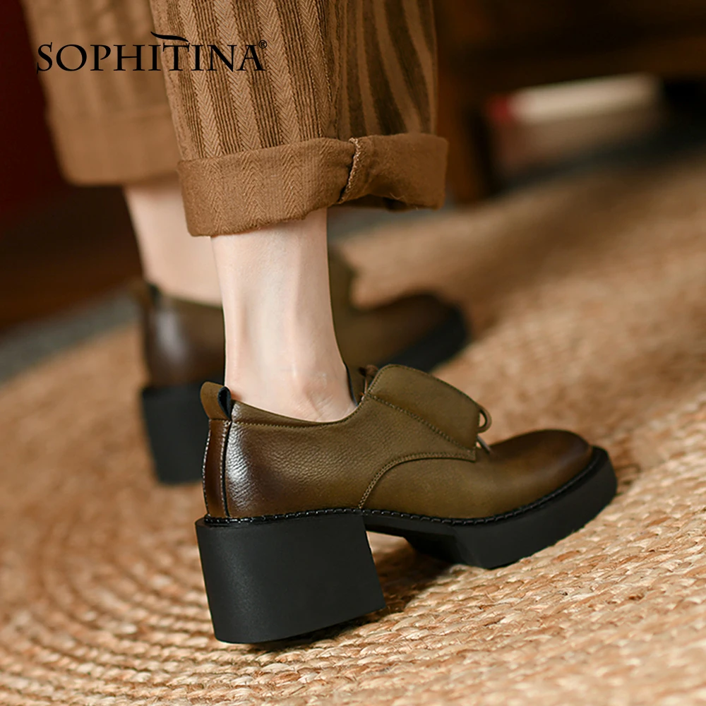 

Женские туфли-оксфорды на толстой подошве SOPHITINA, натуральная кожа, шнуровка, круглый носок, высокий каблук, однотонные, NO517