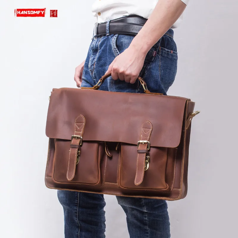 Men's Briefcase Leather Men Business Handbags Portable Simple Shoulder Diagonal Computer Bags Handmade Retro Crazy Horse Leather