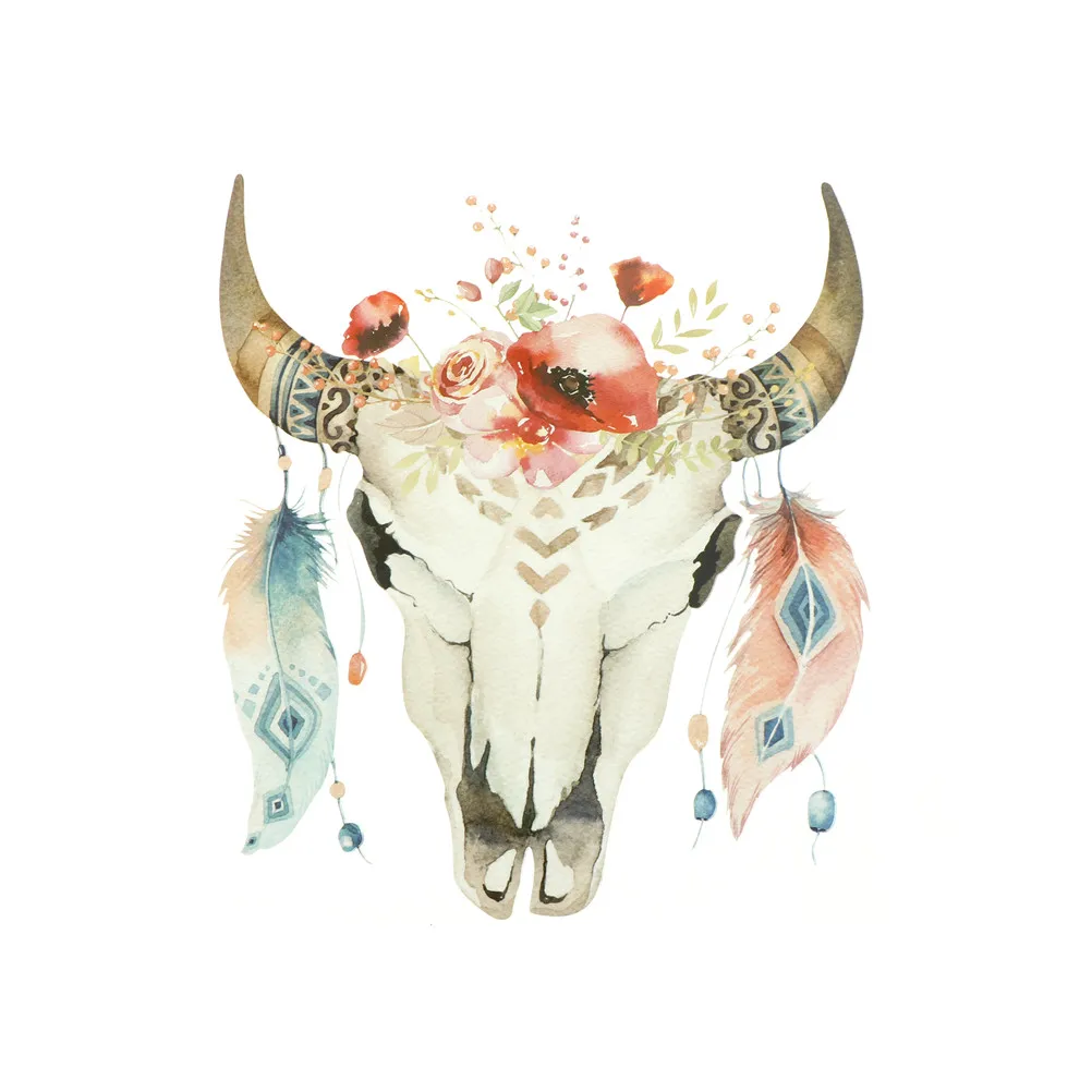 

DIY Washable Iron A-level Patches Bull Animal Head Feather Heat Transfer Patches For Clothing Decoration