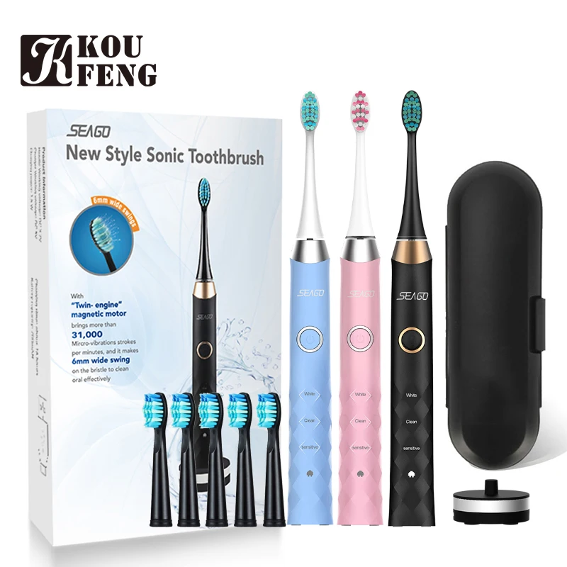 

Seago SG-987 Sonic Electric Toothbrush USB Inductive Charging Sonic Toothbrush Adults Electric Sonic Toothbrush Black Heads Set