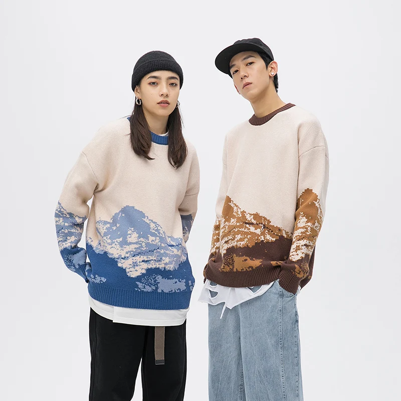 

Men Women Snow mountain gradient Winter Sweaters 2021 Pullover Mens O-Neck Korean Fashions Sweater Women Casual Harajuku Clothes