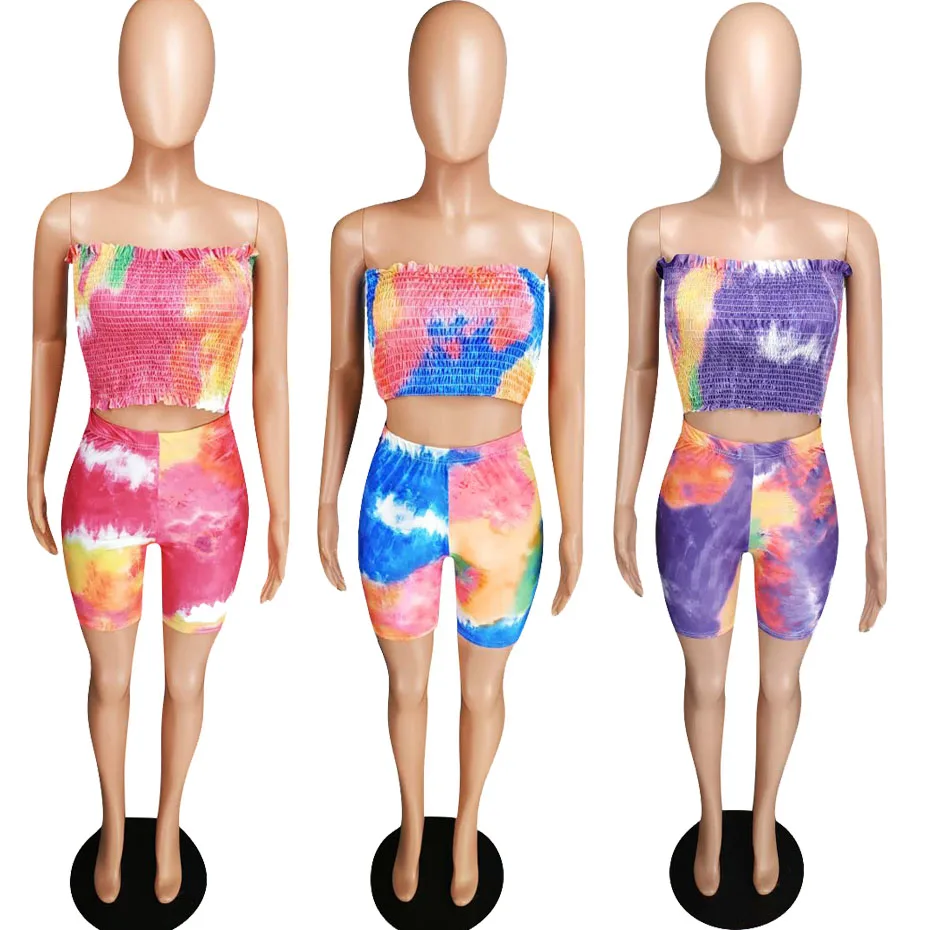 HAOYUAN Tie Dye/пикантная Женский комплект 2 шт. праздничная одежда укороченный топ и байкерские шорты Комплект из двух предметов, летняя Клубная одежда
