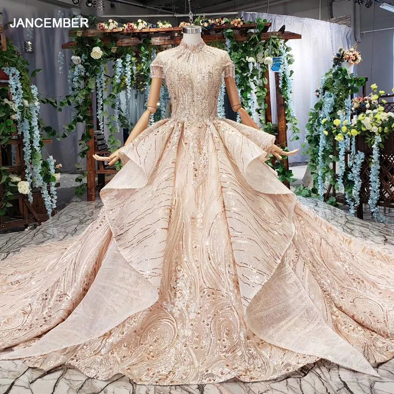 Женское вечернее платье с кристаллами HTL509 роскошное в Дубае высоким вырезом