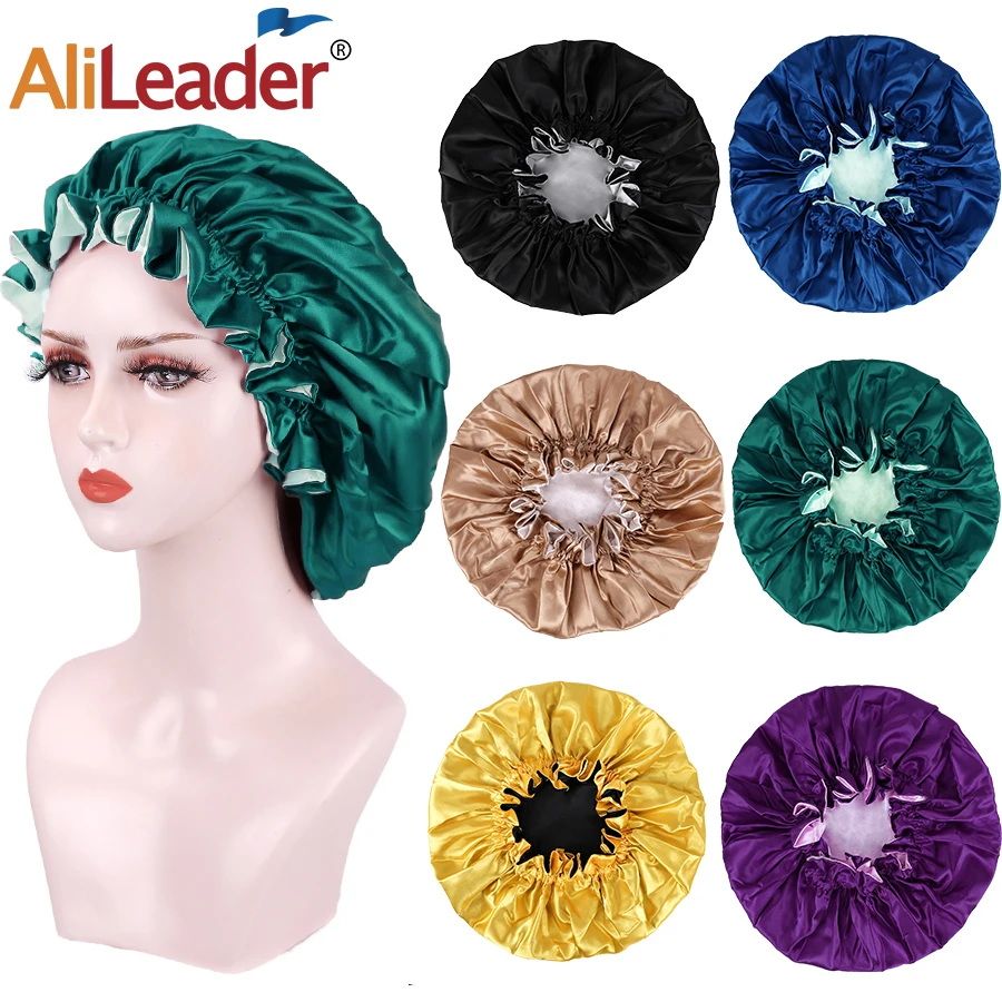 Fashion Sapphire Blue Elastic Band Sleeping Bonnet Silky Satin Caps Soft Lined Double Sided Layer For Women Hair Wig 9Colors