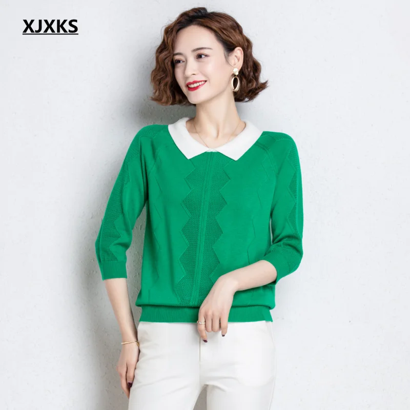 

XJXKS 2021 autumn new fashion lapel three-quarter sleeve women sweater high-quality knitted women wool sweater