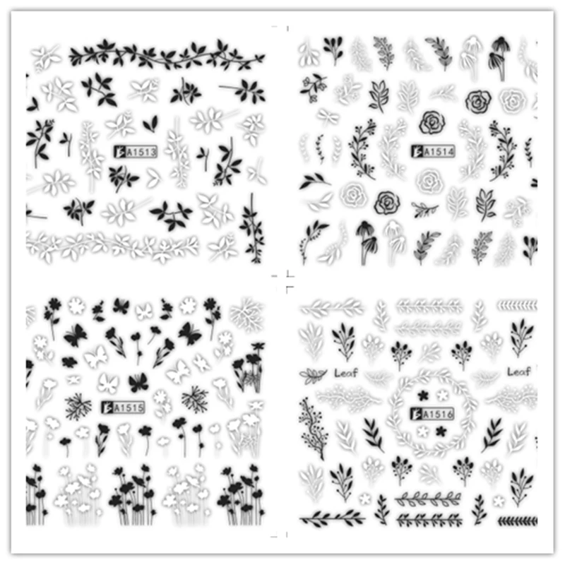 12 шт./компл. Стикеры s для ногтей конструкции белого и черного цвета с цветочным