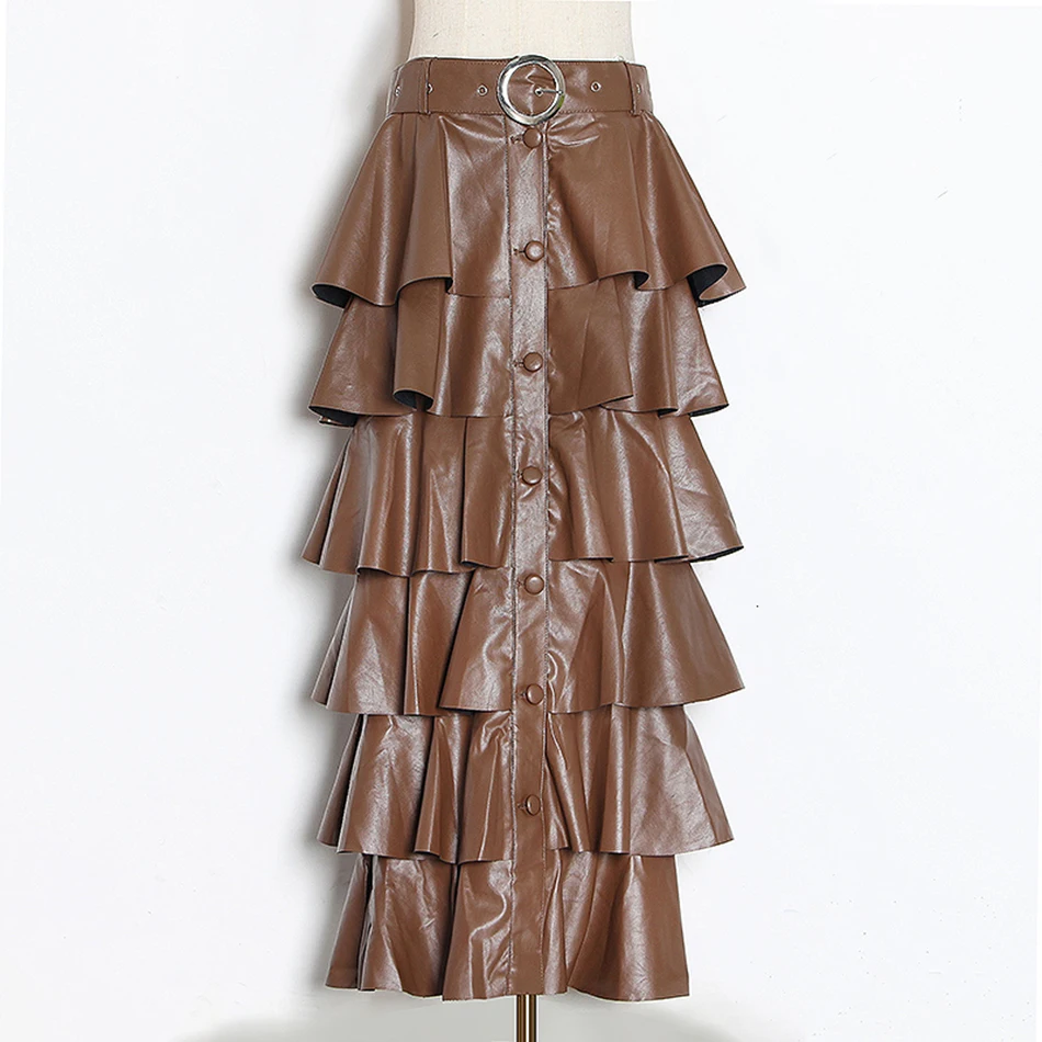 Женская юбка из ПУ кожи с оборками и высокой талией | одежда