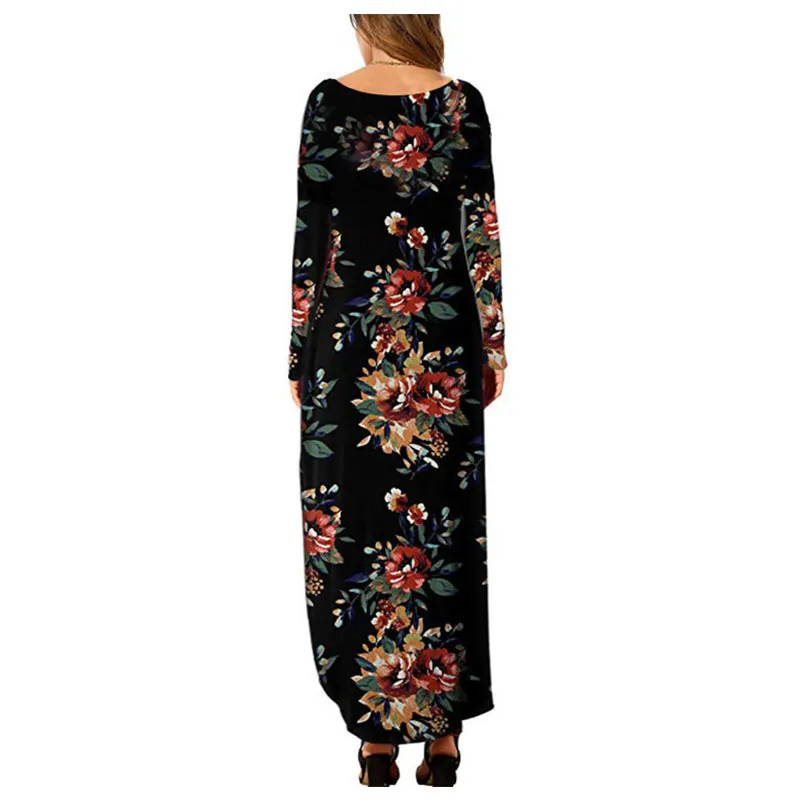 

Women Floral Print Maxi Dress Long Sleeve V-neck Pleated Female Casual Dresses Loose Beach Dress Red Black Vestidos
