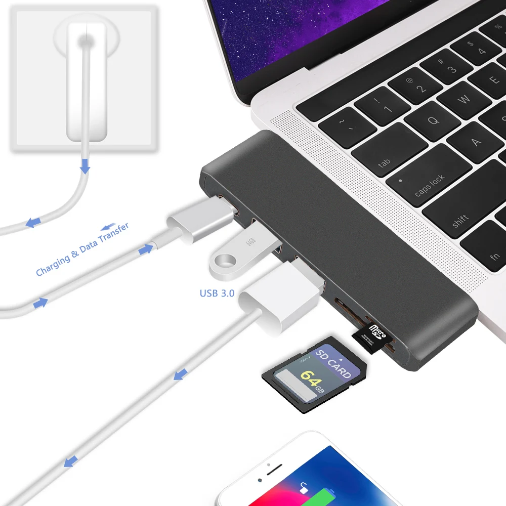 Redlai USB C концентратор для MacBook Air Pro Retina 13 дюймов /// Тип-C USB Hub адаптер с 2 портами(стандарт 3,0 Порты, PD, светодиодный дисплей, SD/TF Card Reader устройство чтения карт