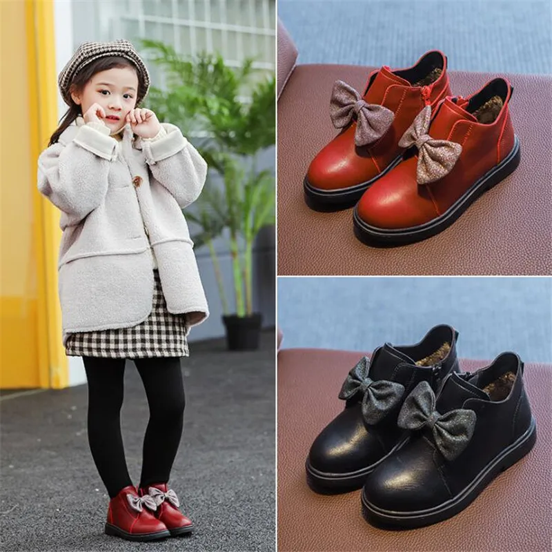 

2019 Girls bowknot Boots Shoes For Girls Children Genuine Leather Thin Cotton Boots Fashion Girls Boots Non-slip Kids Sneakers
