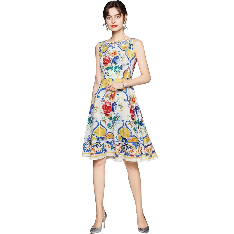 

Vestudis De Fiesta 2021 Newest Fashion Designer Runway Sleeveless Summer Beach Dress Colorful Print Elgant Party Midi Dresses