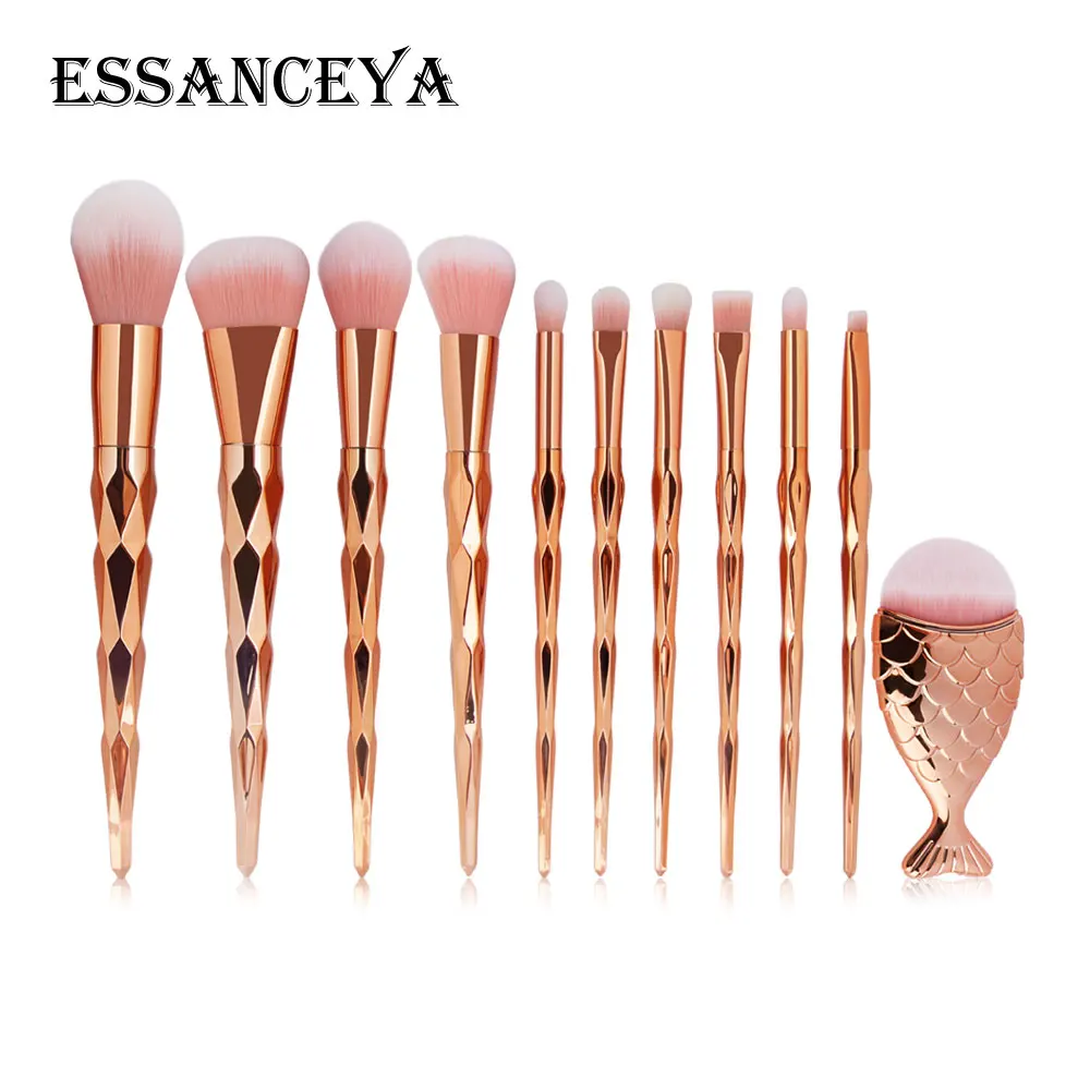 ESSANCEYA Горячая 11/21 шт. Русалка алмазные кисти для макияжа комплект рыбий хвост основа для макияжа лица Румяна Тени для век макияж кисть для смешивания кисти для макияжа - Handle Color: 11PCS