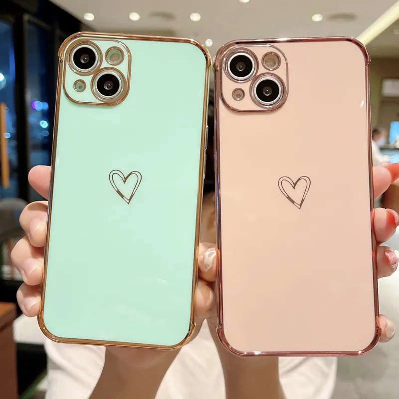Candy Color Love Heart Phone Case For iPhone 11 13 12 Pro Max X XR XS Mini 7 8 Plus SE 2020 Electroplated Lens Protection Cover