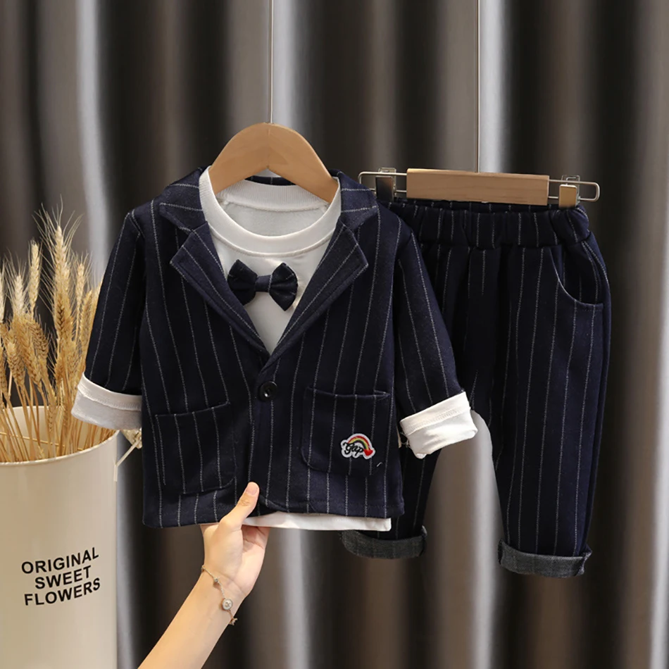 Spring Children Kids Formal Gentleman Casual Toddlder Boys Tie Jackets T-Shirt Pants 3pcs Sets Infant Suit Costume