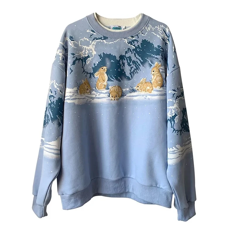 

Plus velvet thick autumn and winter Japanese loose kawaii warmth Harajuku cute and sweet cartoon round neck sweater female park