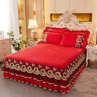 european quilted velvet bed cover queen king size bedspread set luxury ruffle lace bedskirt soft thick with 2 pillow shams
