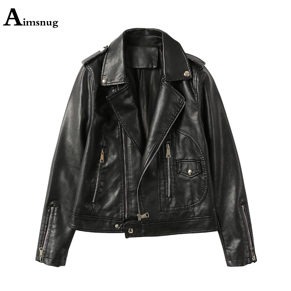 

Aimsnug 2021 New Faux Pu Leather Jackets Women Multi Zippers Outerwear Lepal Collar Red Coat Slim Biker Jacket Women Clothing