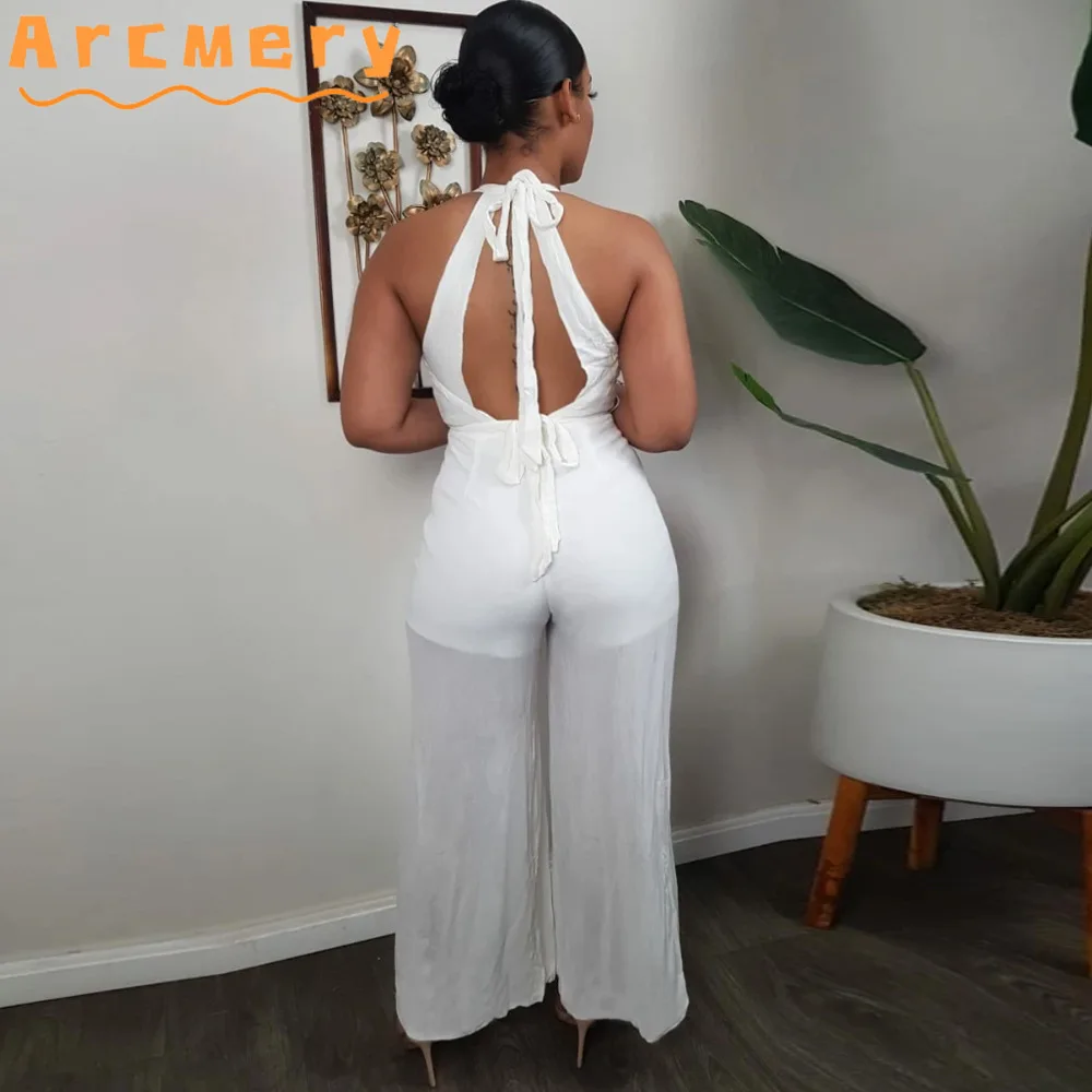 

Women Halter Backless Plunge V-neck Wide Leg Solid Jumpsuits