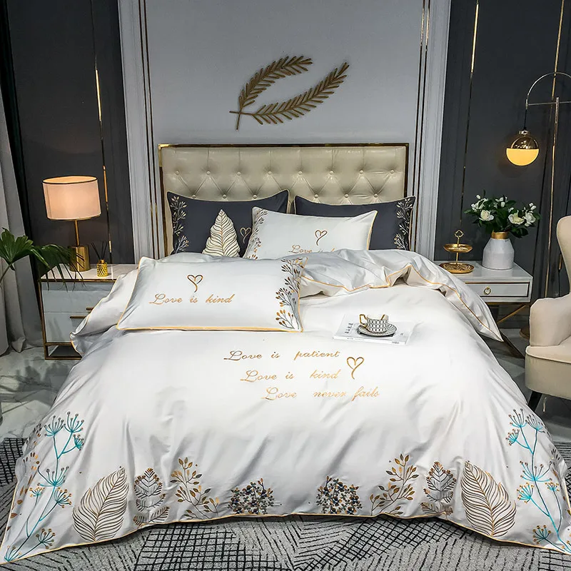 

60S Luxury Bedding Set Satin Long-staple Cotton Embroidery Duvet Cover Set King Size with Quilt Cover/Flat Bed Sheet/Pillowcase