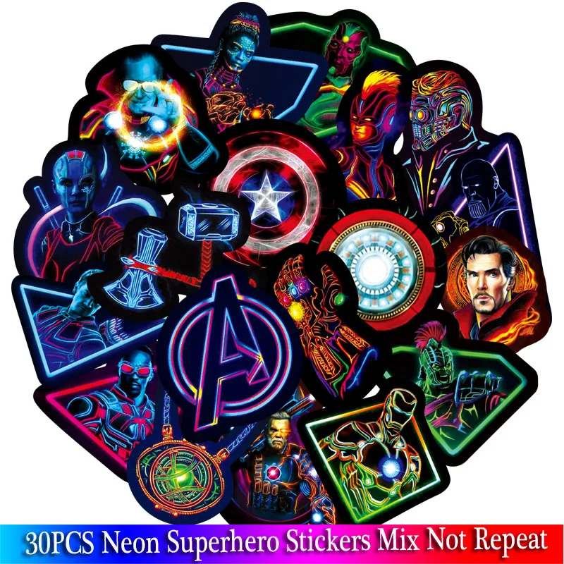 

30PCS Neon Superhero Avenger Stickers Sets For Guitar Luggage Laptop Skateboard Motorcycle Car Phone Sticker