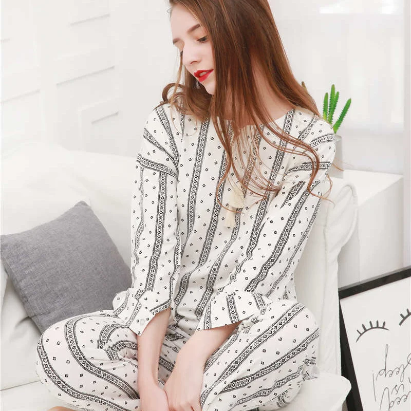 Spring Women SleepWear Cotton Casual 2 Pics Pants Tops