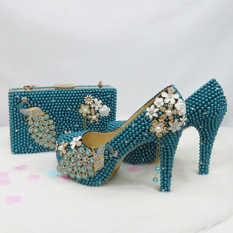 

BaoYaFang Teal Blue Pearl wedding shoes with matching bags bride High heels platform shoes Round Toe green blue Shoe and Bag Set