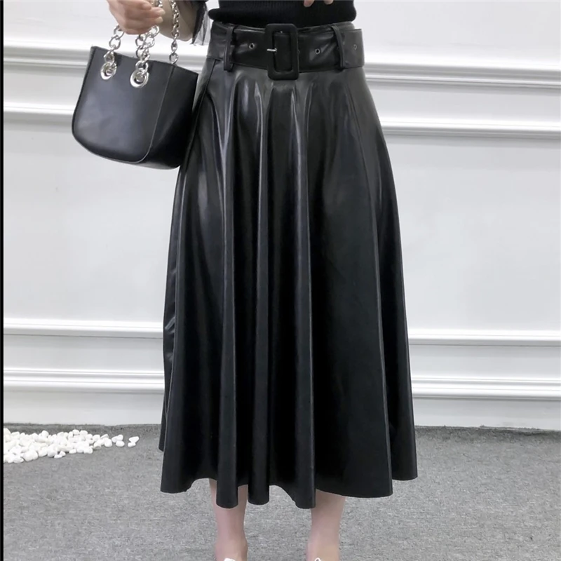 Юбки с завышенной талией и кожаная юбка элегантное черное платье трапециевидной