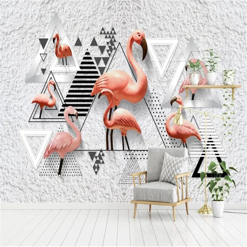 

Большие Настенные обои milofi на заказ, скандинавские простые 3D стерео черно-белые геометрические фоновые стены с фламинго