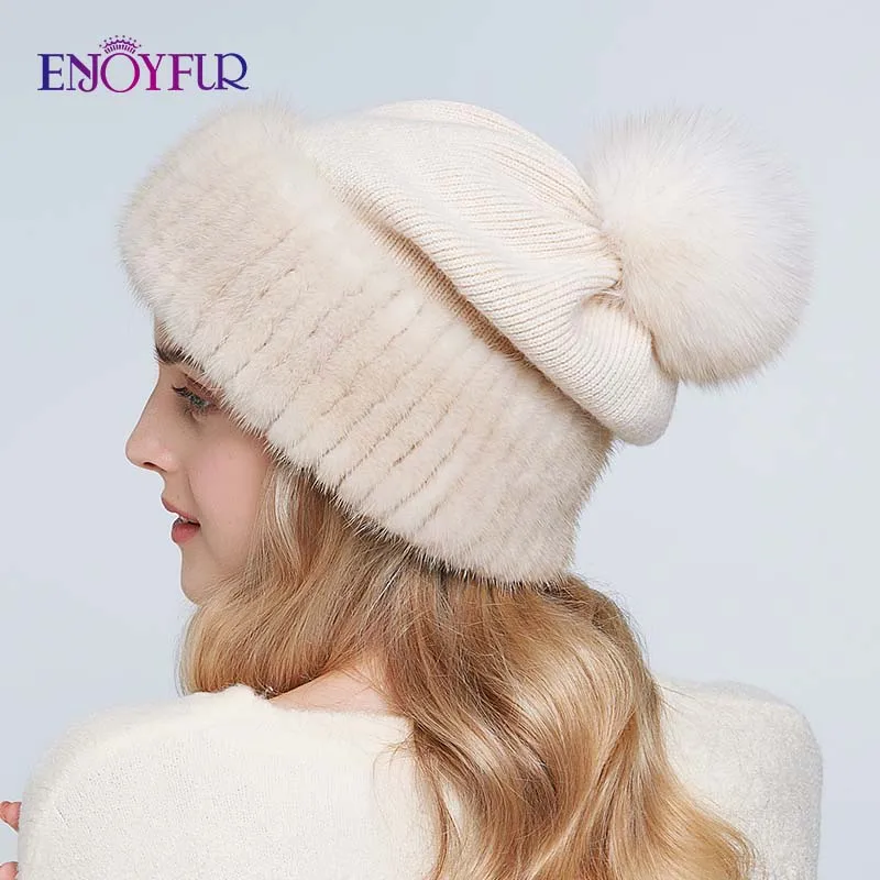 ENJOYFUR, зимние шапки из меха норки и шерсти для женщин, теплые модные женские шапки с большим помпоном, Новые однотонные вязаные шапки - Цвет: 09