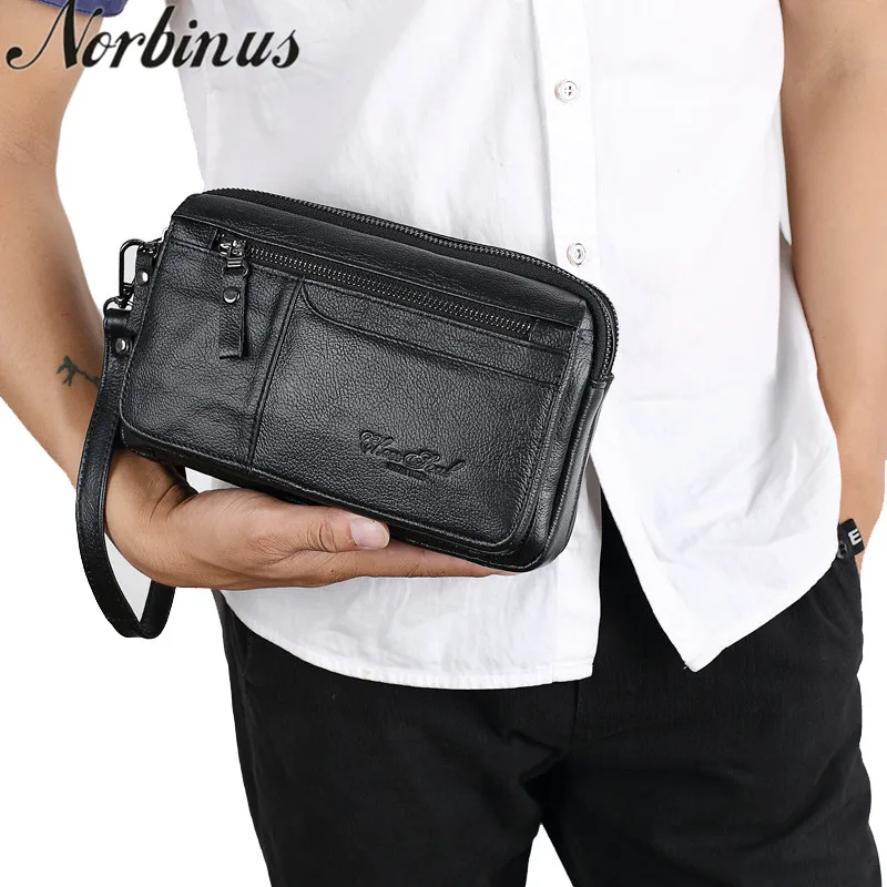 Norbinus Men Wallet Genuine Leather Male Clutch Bags Business Zipper Long Clutch Wallets Phone Pouch Coin Purse Casual Handy Bag