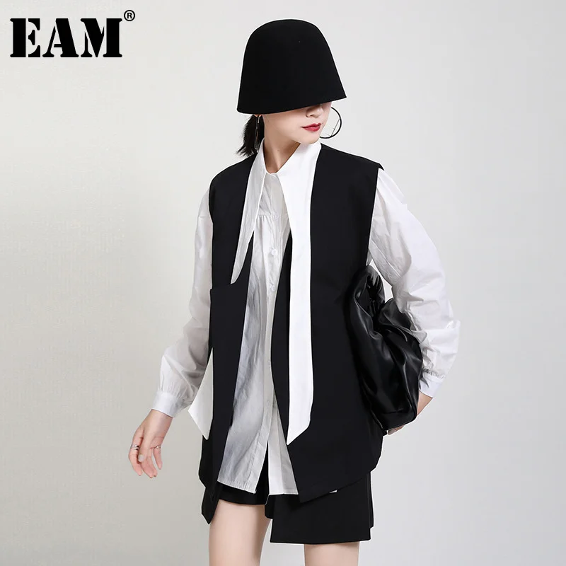 

[EAM] Женская Черная Асимметричная блузка большого размера, новая свободная рубашка с отворотом и длинным рукавом, модная весенне-осенняя 2022 ...