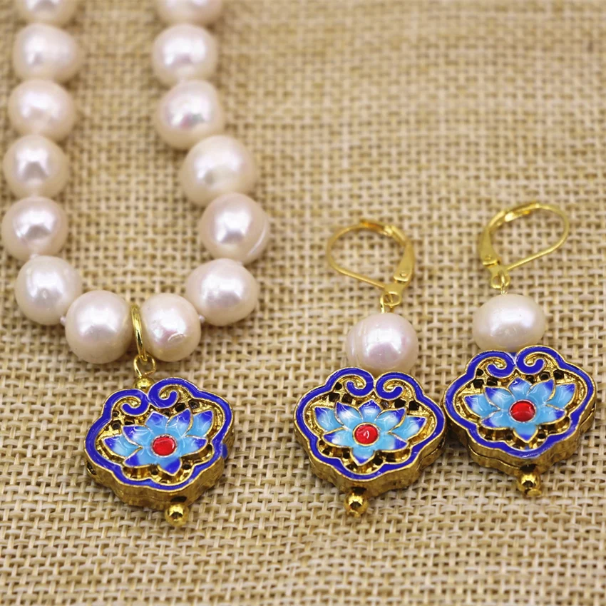 Природный 9-10 мм белый пресноводный жемчуг бусы колье серьги золото-цвет