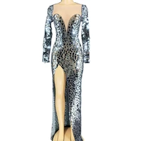mirror sequins dress high split fork long sleeve dresses mesh gauze backless performance shiny costume women nightclub stage