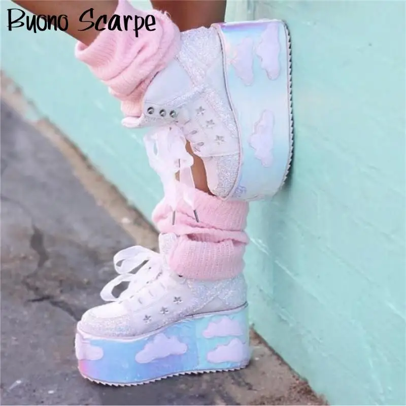 High Platform Cloud Sneakers Wedges Bling Bling Spice Girl Shoes Sky Platform Sneakers Laces High Heel Shoes Casual Street Shoes images - 6